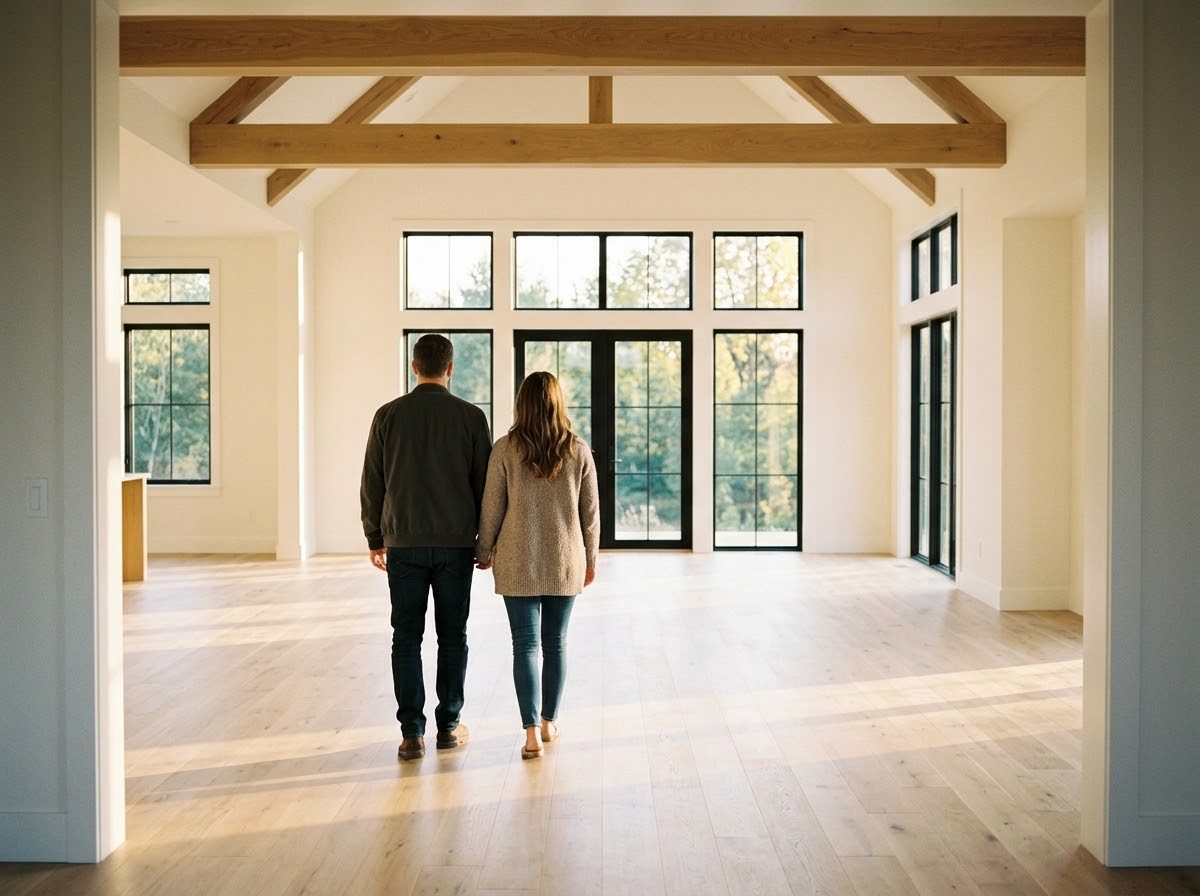 A couple walking through an empty great room with exposed beams and tall windows