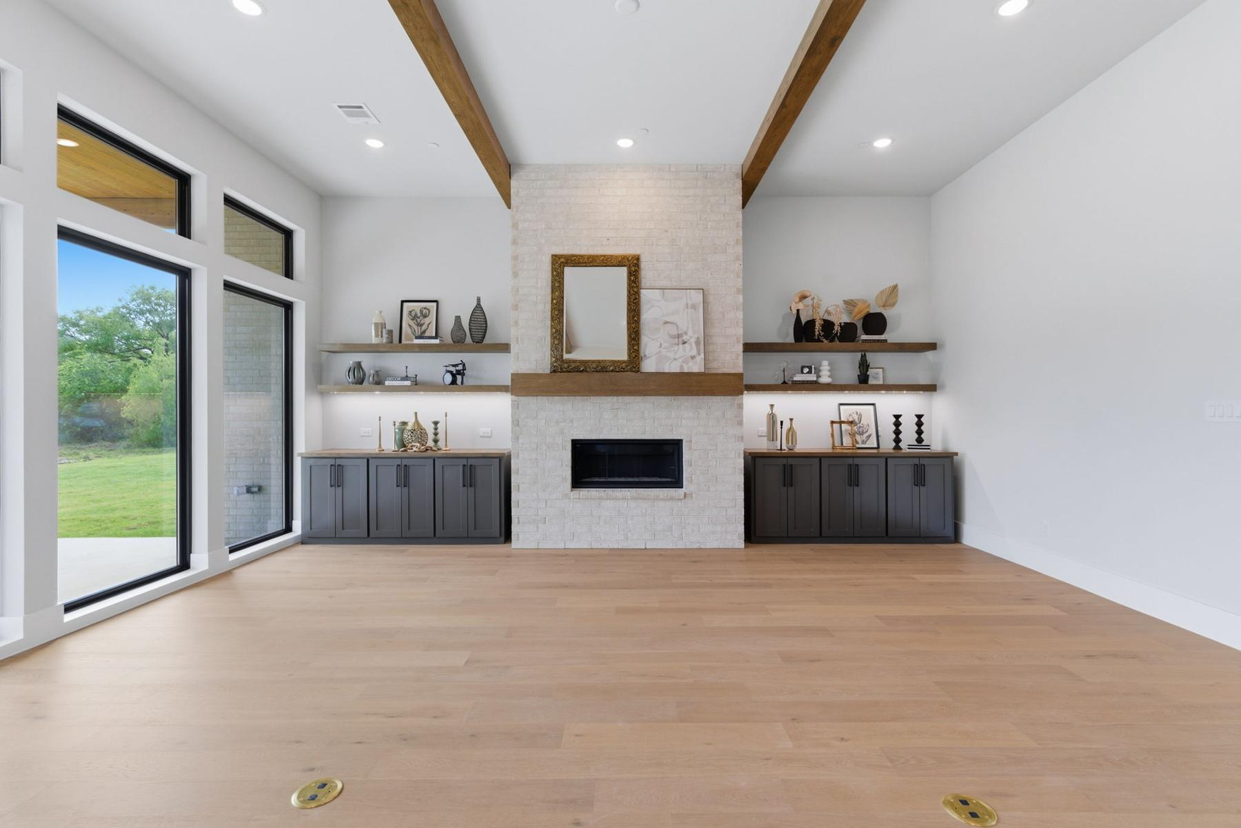 Living room fireplace wall with built-ins