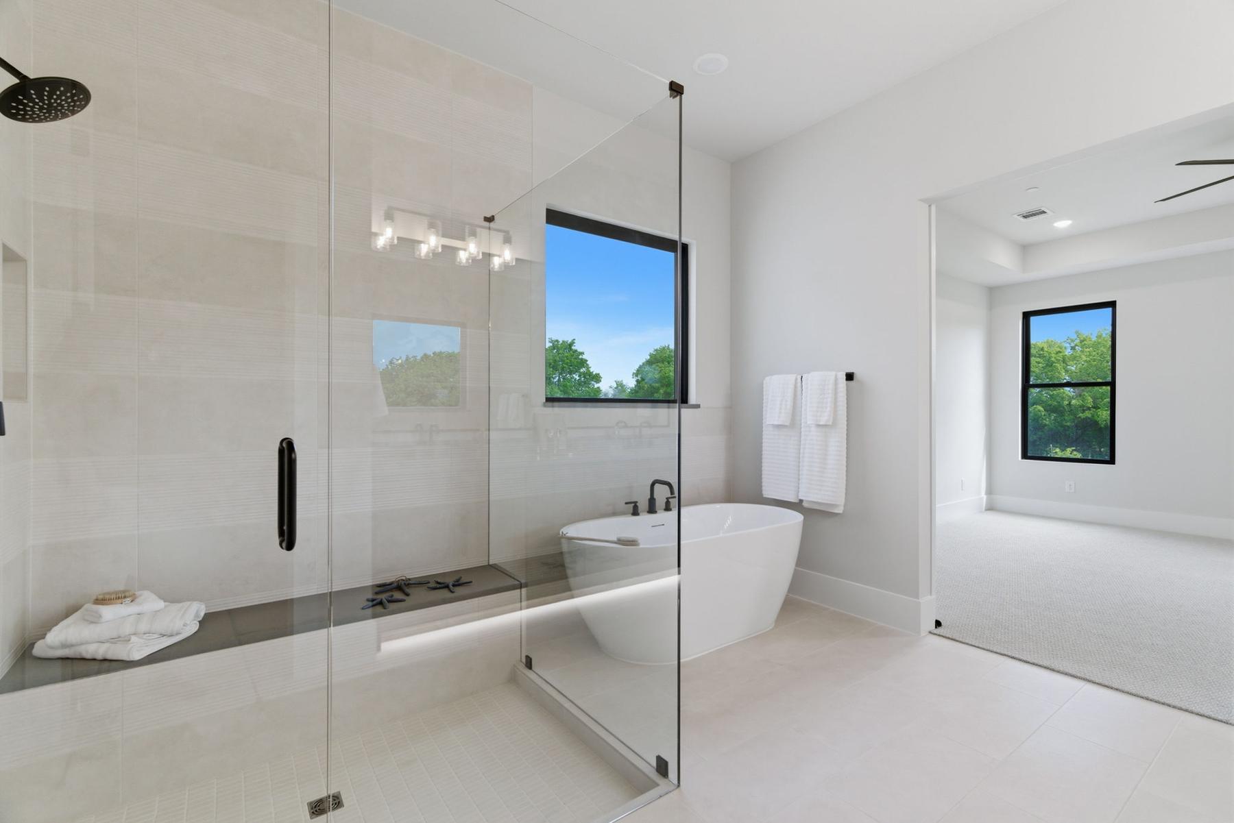 Primary bath freestanding tub and glass shower